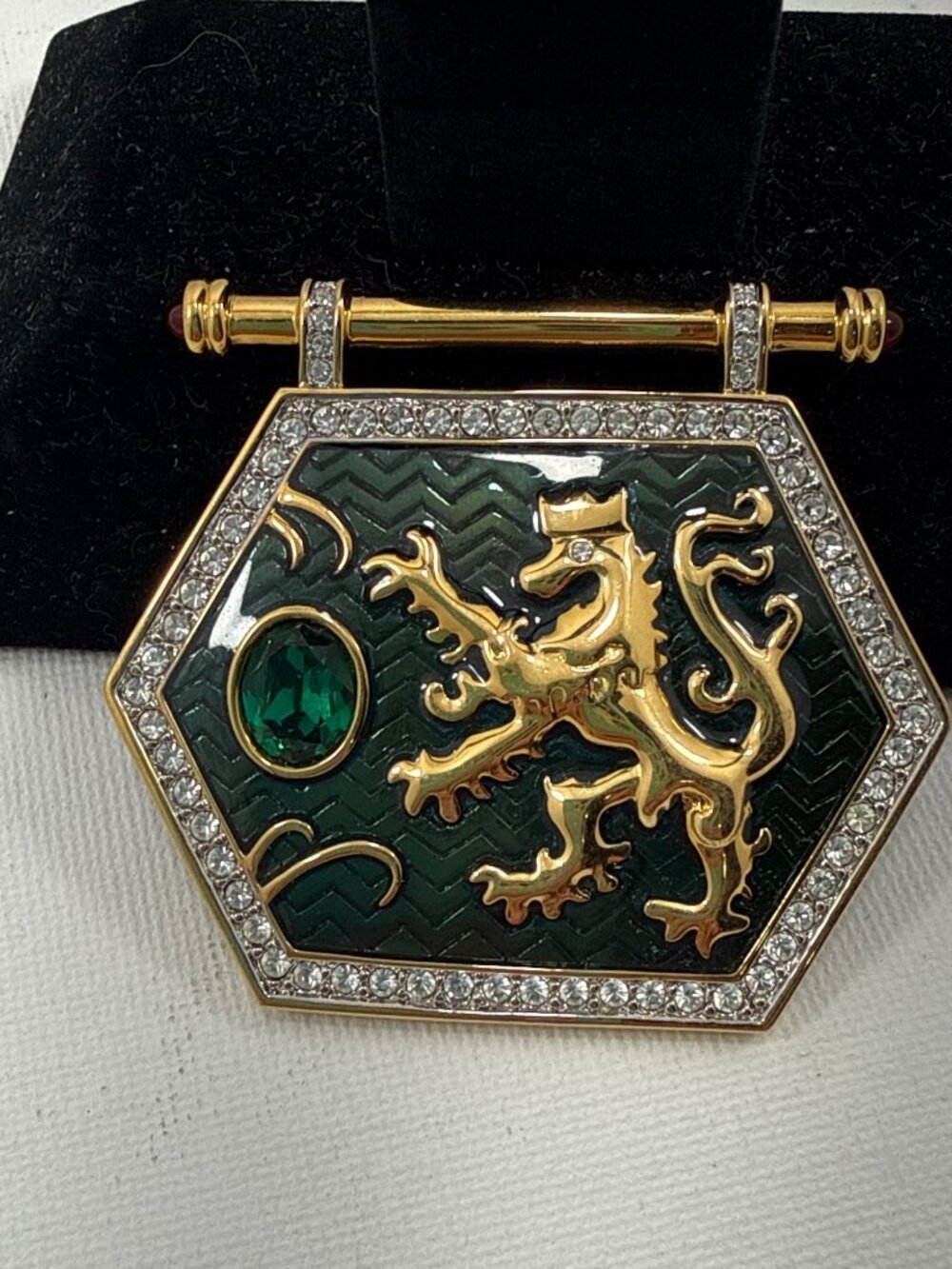 Vintage Swarovski Heraldic Lion Shield Brooch, 1990s, Swan Signed, Green Enamel
